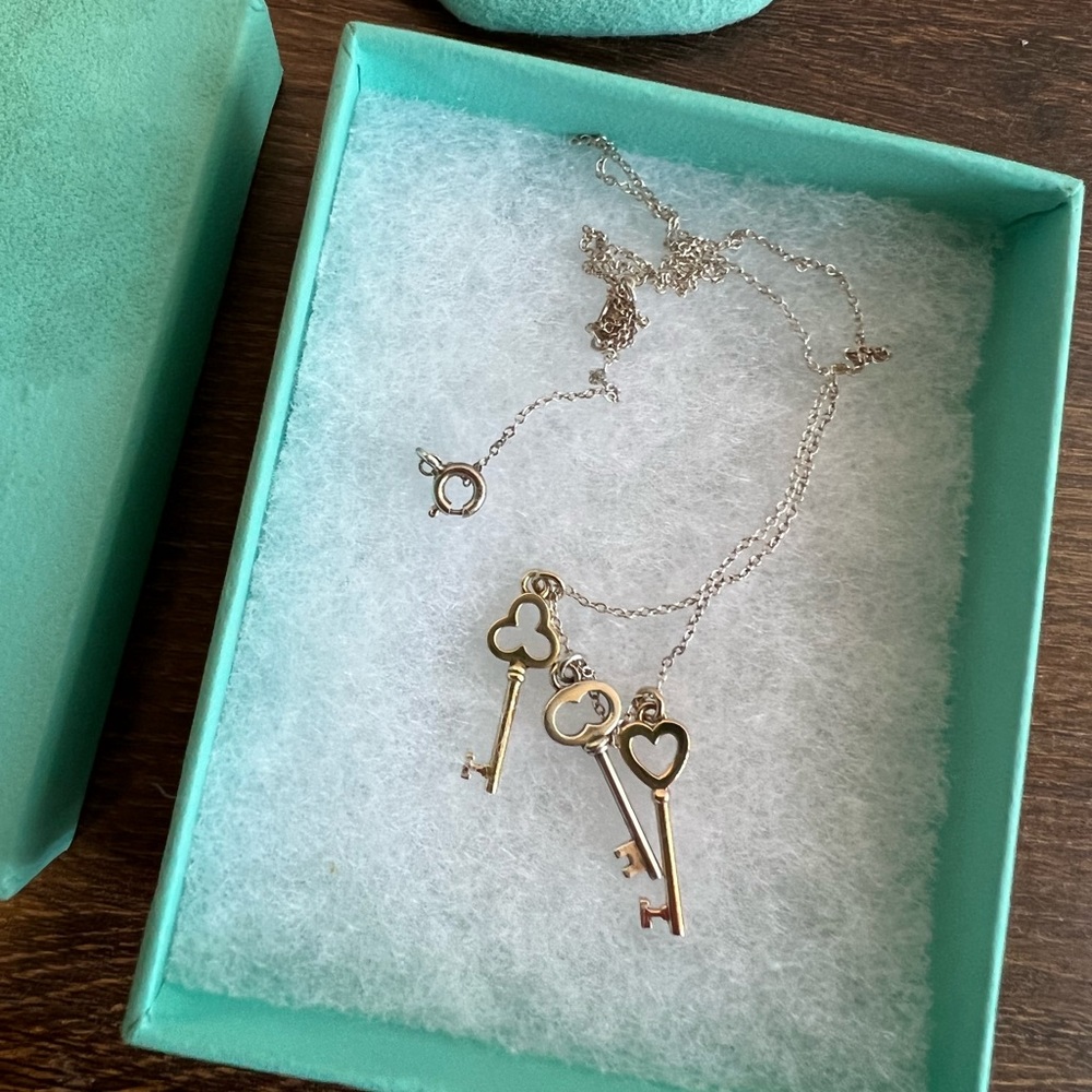 Tiffany & Co. Three Key 18K Two Tone Gold & Silver Pendant Necklace